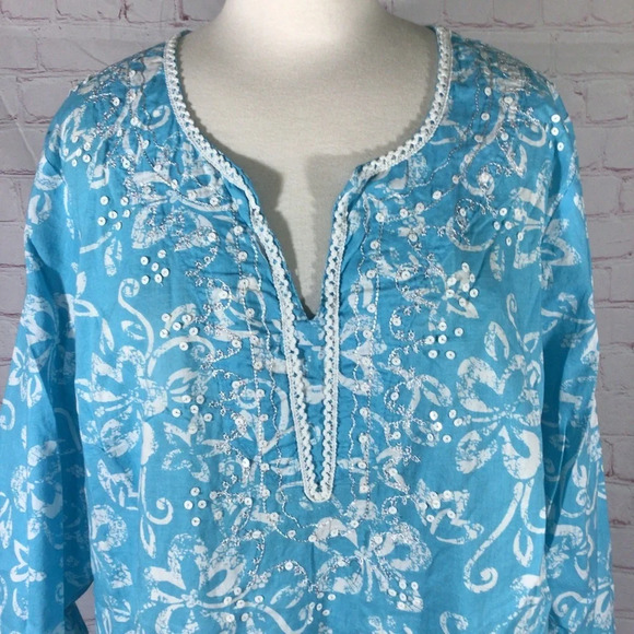 Chelsea Studio Blue and White Floral Embroidered Sequin Top - Size Large - Picture 2 of 9